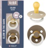 BIBS Colour Glow Soother 2-Pack, Glow in The Dark BPA Free Dummy Pacifier, Round Nipple. Natural Rubber Latex, Size 1 (0-6 Months), Vanilla Night/Dark Oak Night