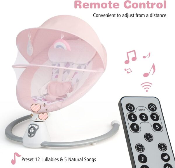 GYMAX Electric Baby Bouncer, Baby Swing Chair with 5 Swing Speed, Remote Control and Timing Function, Portable Newborn Rocking Chair (Pink) - Image 6