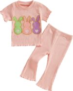 MAHUAOYIXI Toddler Baby Girls Easter Outfits Bunny Print Short Sleeve Ribbed Tops T-shirts with Elastic Waist Flare Pants 2Pcs Set Baby Clothes for Girls