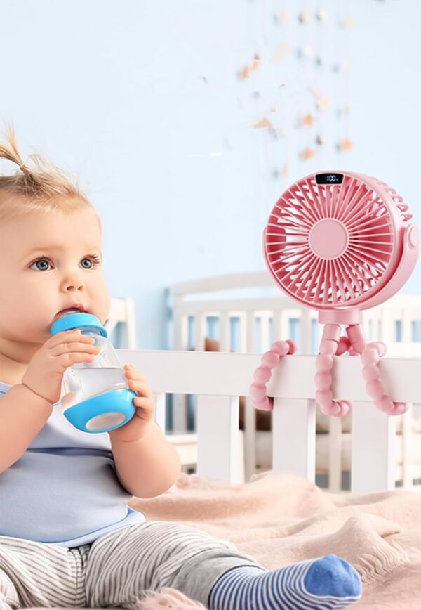 Mini Portable Baby Stroller Fan, 4 Speeds Battery Operated Small Handheld Desk Fan, 4000mAh Battery Operated Rechargeable 360°Flexible Tripod Cooling Fan for Car Seat Crib Treadmill Golf Cart Travel - Image 6