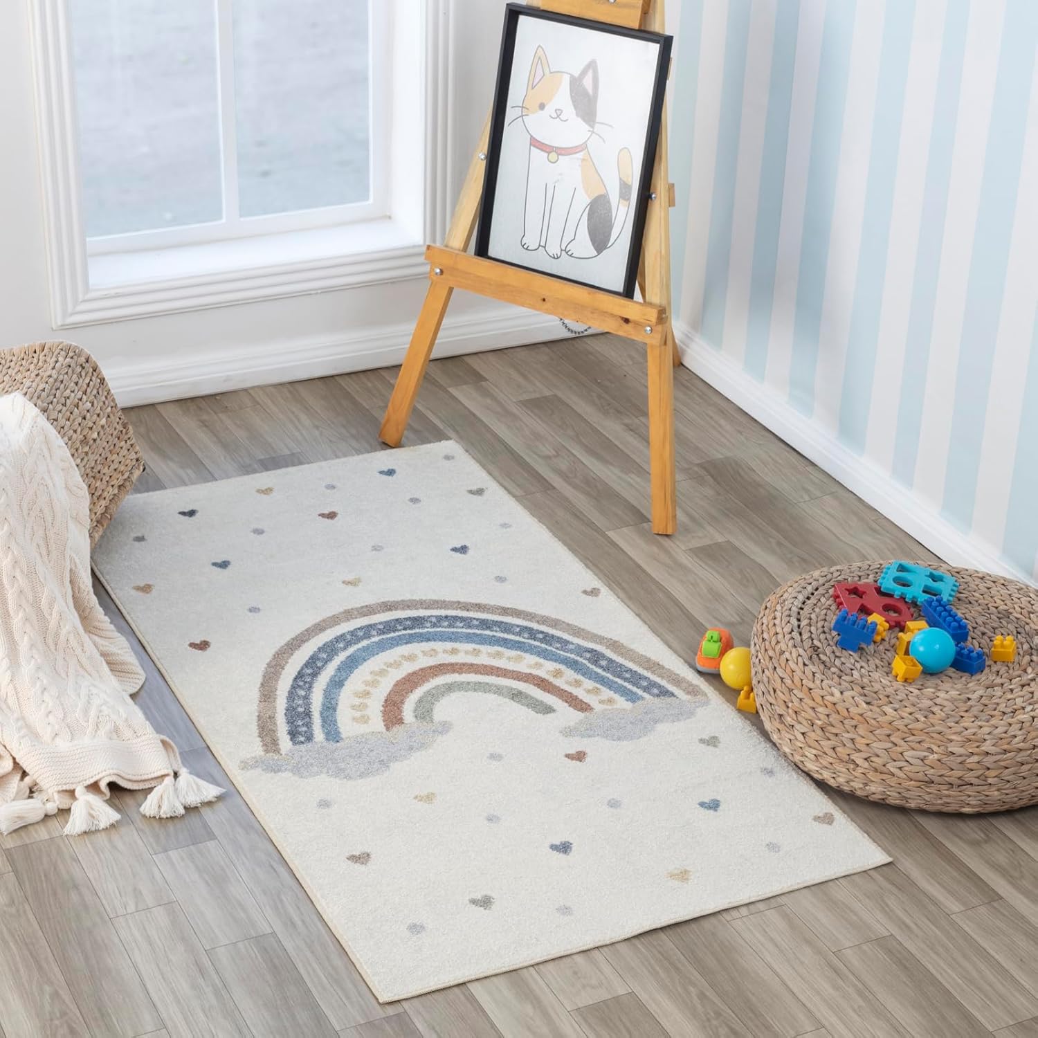 710NbC7DjlL._AC_SL1500_.jpg Livabliss Rainbow Washable Kids Rug - Childrens Rugs for Bedroom 80x150 cm, Machine Washable Animal Rug for Girls & Boys Bedroom, Playroom and Nursery Rugs - Girl, Boy, Baby, Kids Carpet, Cream - Image 1