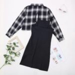 Kids Girl 2 Piece Outfits Teen Girls Sleeveless Bodycon Dress with Crop Jacket Children Plaid Long Sleeve Tops Shirts + Cami Short Dress Set Clothes - Image 6