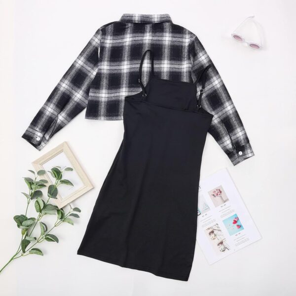 Kids Girl 2 Piece Outfits Teen Girls Sleeveless Bodycon Dress with Crop Jacket Children Plaid Long Sleeve Tops Shirts + Cami Short Dress Set Clothes - Image 6