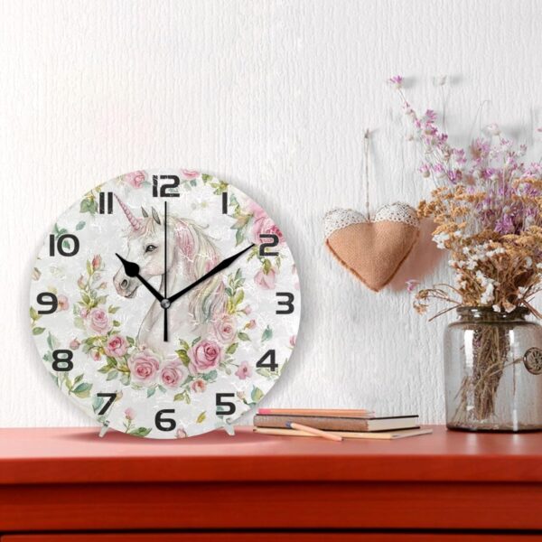 Ewusp Unicorns Flowers Wall Clock Battery Operated Silent Non-Ticking Clock Round Quartz Decorative Clock for Kitchen Living Room Bedroom Office School Nursery, 25x25 cm - Image 2