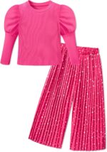 Freshhoodies Girls Clothes Kids Long Sleeves Round Neck Tops + Pleated Pants Outfits Set, 3-7 Years