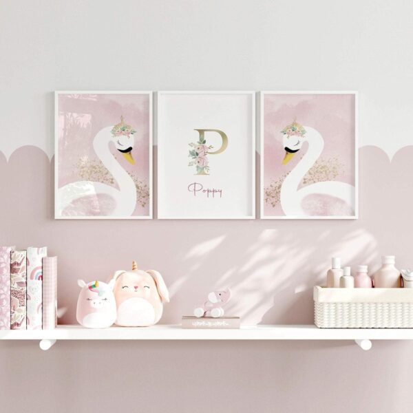 Swans Set of 3 Large Wall Art with Frames, Nursery Framed Wall Pictures, Playroom Wall hangings, Baby Girl Children Bedroom, A4, A3, A2, 20x30 in Black Frame A2 16.54 x 23.39 in / 42 x 59.4 cm - Image 3