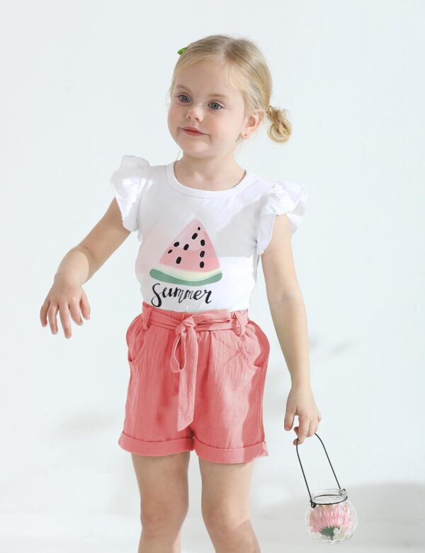 GiHaood Baby Girl Clothes Toddler Summer Outfit Ruffle Sleeve Printed Tops Linen Shorts With Belt And Pocket 2PCS Sets - Image 4