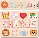 Personalised Name Puzzle-Wooden Puzzles for 1 Year Old-Baby Girl Toys with Animal Elements and Stand-1st Birthday Gifts (For Girls)