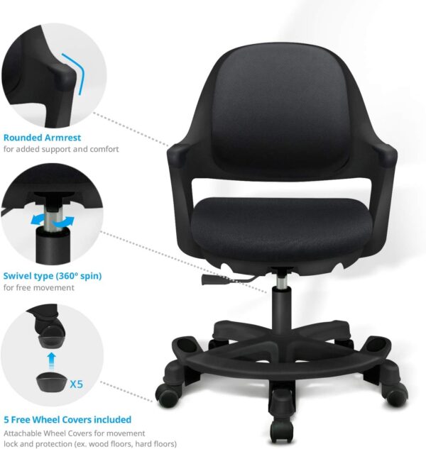 Ergonomic Kids Desk Chair with Footrest, Height Adjustable Seat, Comfortable Cushion Study Computer Task Chair, Smooth Rolling Wheels for Student and Children, Piano Black - Image 5