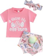 Geagodelia Newborn Baby Girl My First Easter Outfit Bunny Bow Print Short Sleeve T-Shirt Top and Pompom Bloomers Easter Baby Clothes Set with Headband