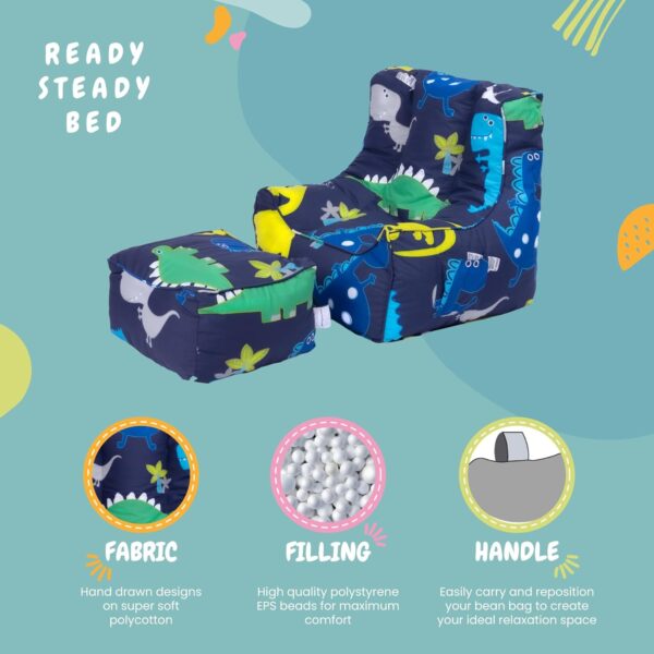 Ready Steady Bed Kids Bean Bag Chair With Footstool | Child Play Safe Soft Seat Playroom Sofa | Ergonomically Designed Toddler Armchair | Comfy Children Furniture (Dino Dark) - Image 5