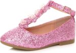 AJVANI Girls Kids Childrens Flat T-BAR Glitter Wedding Bridesmaid Shoes Ballerinas Size