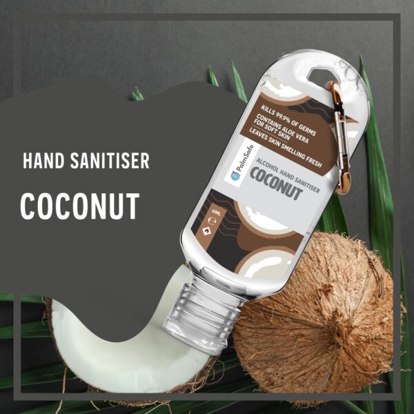 Palm Safe Coconut 60ml Anti Bacterial Premium Hand Sanitiser Travel Size Refillable Clip Bottle Quick Drying Non Sticky Extra Moisturising Kills 99.9% of Viruses and Bacteria - Image 3