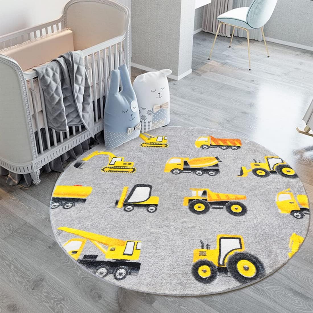 712zXjnadSL._AC_SL1100_.jpg Poowe Round Construction Trucks Kids Area Rug Soft Fluffy Kids Construction Rugs for Playroom Nonslip Digger Nursery Rug for Boys Room,4FT - Image 1