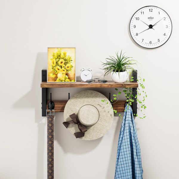 VITVITI Coat Rack Wall Mount with Shelf,Wood Entryway Coat Hanger with 5 Metal Hooks,Farmhouse Hat Coat Rack for Wall Living Room/Bathroom/Kitchen,Rustic Brwon - Image 2