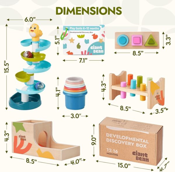 Giant bean Montessori Toys Set for Baby 12-18 Month, 8-in-1 Wooden Learning Toys with Ball Drop Roll Tower, Multifunctional Object Permanence Box, Hammer, Shape Sorting Stacking Cube Cups, Gift for 1+ - Image 7