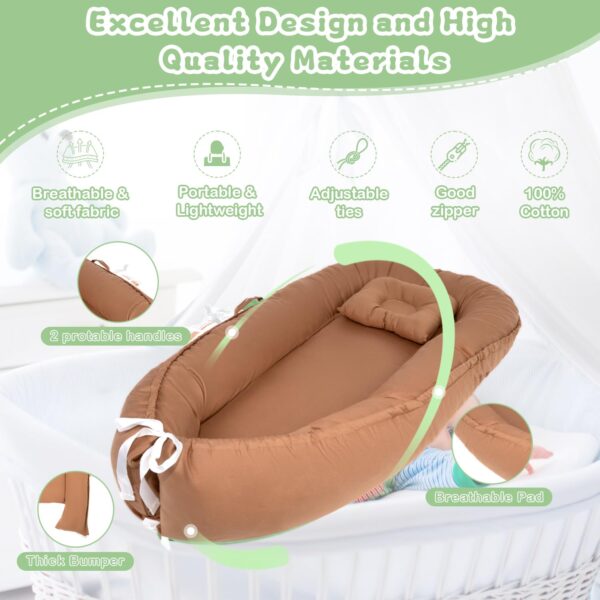 Baby Lounger for Newborn, Infant Lounger for 0-24 Months, Co Sleeper for Girls Boys, 100% Cotton Soft Adjustable Baby Floor Seat for Travel, Portable Baby Nest Lounger(Brown) - Image 2