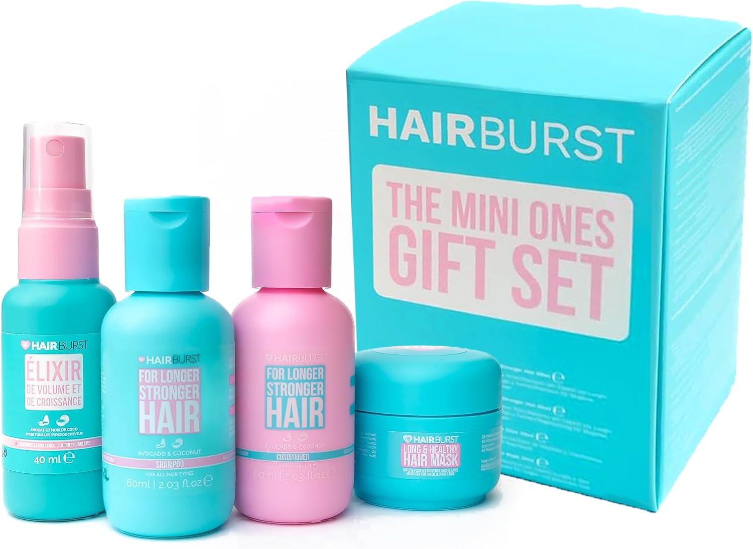 713bQi0ZL._AC_SL1500_.jpg HAIR BURST Travel Gift Set - Mini Shampoo & Conditioner Set, Nourishing Mask and Volumising Elixir for Longer, Stronger and Healthier Hair Perfect for Travelling and Gifting - Image 1