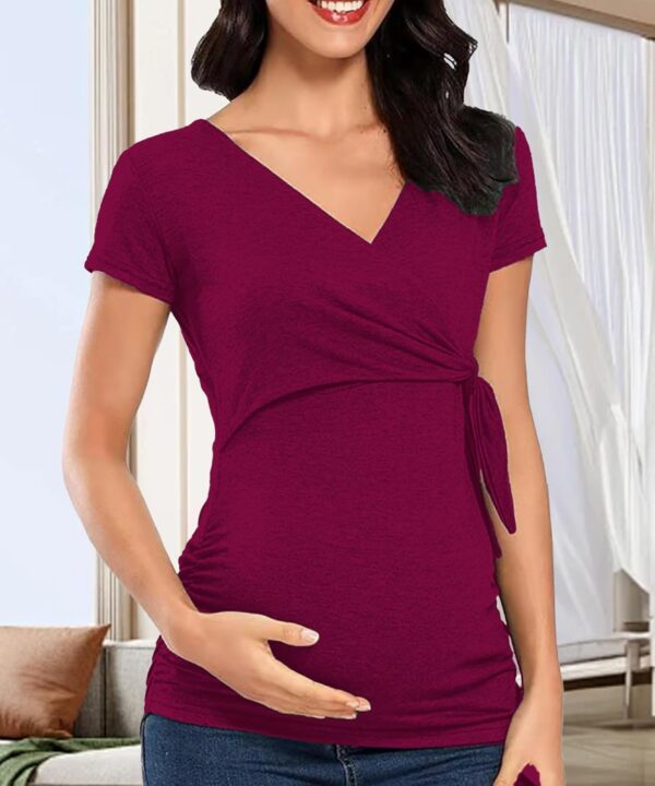 SHEKINI Women's Breastfeeding Tops Maternity Short Sleeve Tee Shirt V Neck Ruched Pregnancy Nursing Clothes - Image 3