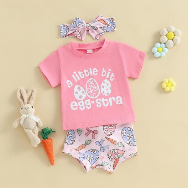 Geagodelia Newborn Baby Girl My First Easter Outfit Bunny Bow Print Short Sleeve T-Shirt Top and Pompom Bloomers Easter Baby Clothes Set with Headband - Image 2