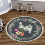Round Boho Nursery Rug 4 ft Forest Animal Theme Cartoon Carpets Woodland Bedroom Decor Botanical Floral Rabbit Cute Area Rug Non Slip Circle Floor Mat for Boys Girls Room Playroom Classroom - Image 4