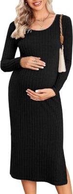 Ekouaer Maternity Dress Rib Knit Long Sleeve Side Slit Bodycon Dresses Pregnancy Baby Clothes, S-XXL