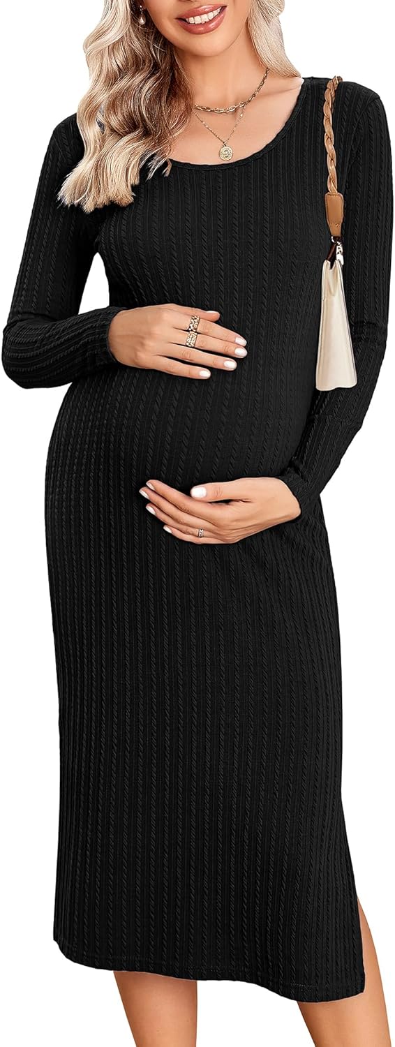 7145zJBUTdL._AC_SL1500_.jpg Ekouaer Maternity Dress Rib Knit Long Sleeve Side Slit Bodycon Dresses Pregnancy Baby Clothes, S-XXL - Image 1