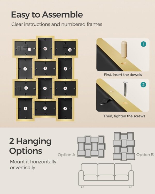 SONGMICS Collage Picture Frames, 12 Frames for 4x6 Photos, Collage Photo Frames for Wall, Multi Frames, Wall Decor, Pale Gold RPF026A01 - Image 6