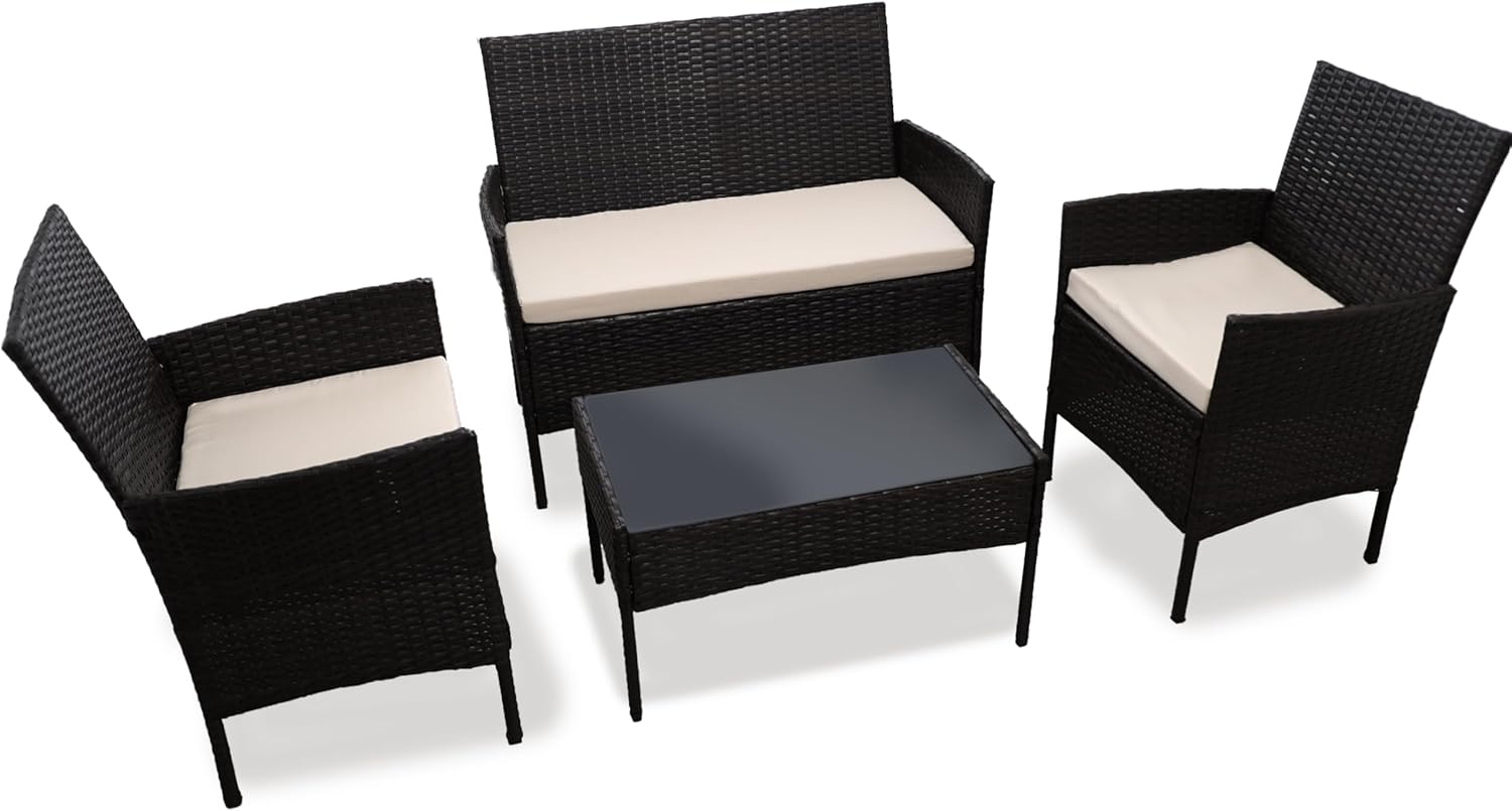 714F4Xf8F2L._AC_SL1500_.jpg DIVCHI Garden Furniture Set Rattan Patio Conservatory Balcony Indoor Outdoor 4 Seater Piece Glass Top Coffee Table Sofa Loveseat with Cushions (Black) - Image 1