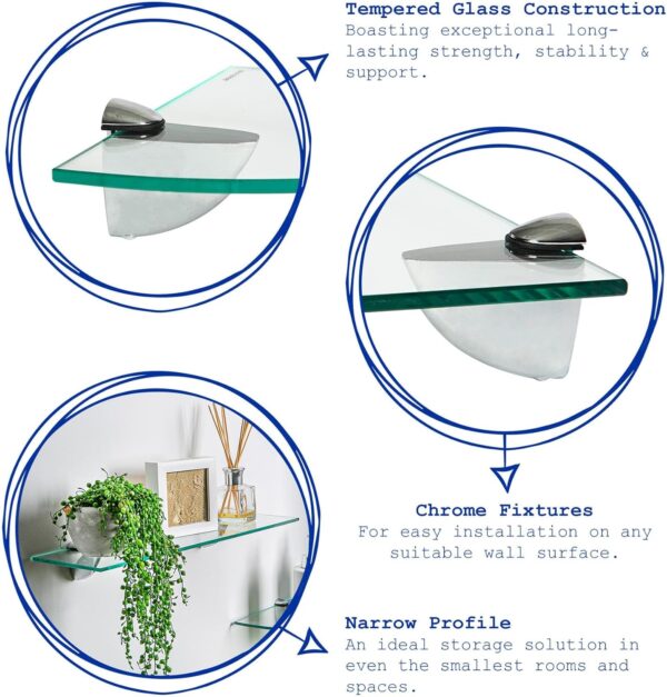 Harbour Housewares Floating Glass Wall Shelves - 60cm - Pack of 6 - Shelving Storage Vanity Display Shelf Unit with Silver Brackets for Bathroom, Shower, Kitchen, Living Room - Image 3