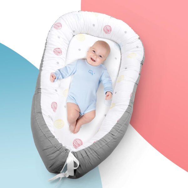 kidoola Newborn Baby Nest Lounger with Memory Foam Base, 100% Cotton, Washable, Safe and Breathable Fabric 0-12 Months Unisex Ideal for Home, Travel & Baby Essential Gift (Circles) - Image 6