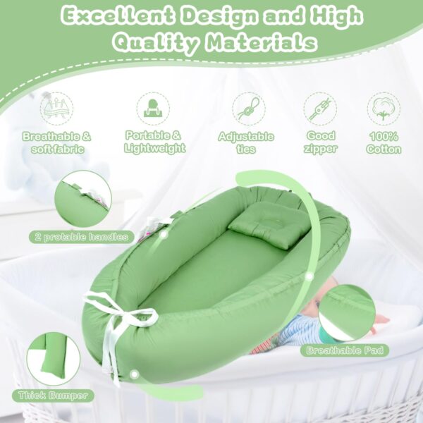 Baby Lounger for Newborn, Infant Lounger for 0-24 Months, Co Sleeper for Girls Boys, 100% Cotton Soft Adjustable Baby Floor Seat for Travel, Portable Baby Nest Lounger(Light Green) - Image 2