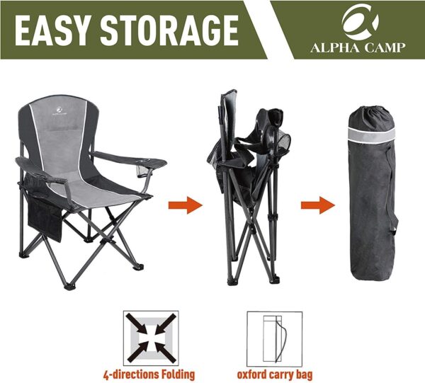 ALPHA CAMP Oversized Camping Folding Portable Chair Heavy Duty Steel Frame Support 160kg Arm Chair with Cup Holder Quad Lumbar Back Chair for Outdoor/Indoor_Gray-Black - Image 6