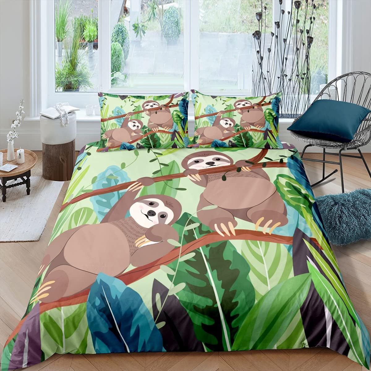 7152kaAxgVS._AC_SL1200_.jpg Tropical Leaves Duvet Cover Kids Cartoon Sloth Bedding Set Nursery Cute Animal Bedding & Linen for Boys Girls Children Teens Funny Sloths Bedspread Cover Double Size With 2 Pillow Case - Image 1