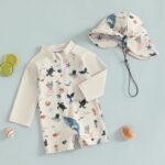 XIXIMAON Toddler Boy One Piece Swimsuit Marine Animal Print Half Zipper Long Sleeve Bathing Suit Kids Rash Guard Newborn Baby Boy Swimwear with Hat - Image 2