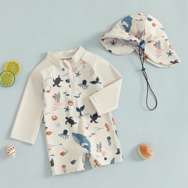 XIXIMAON Toddler Boy One Piece Swimsuit Marine Animal Print Half Zipper Long Sleeve Bathing Suit Kids Rash Guard Newborn Baby Boy Swimwear with Hat - Image 2