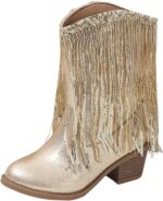 Kids Winter Boots Girls Ankle Boots Gold Sequins Tassel Leather Cowboy Boots Thick Heels Boots for Girls Mid Calf Riding Shoes - Image 2