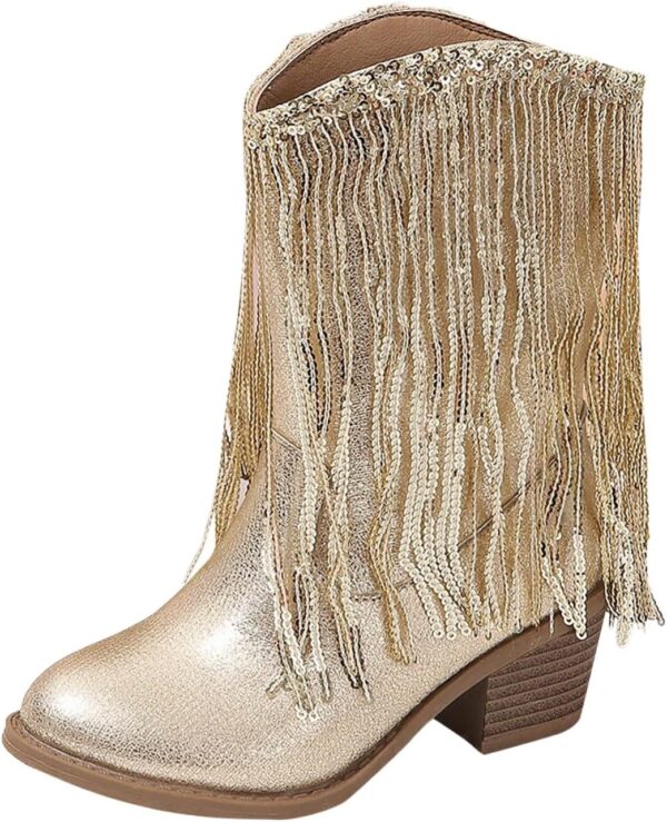 Kids Winter Boots Girls Ankle Boots Gold Sequins Tassel Leather Cowboy Boots Thick Heels Boots for Girls Mid Calf Riding Shoes - Image 2