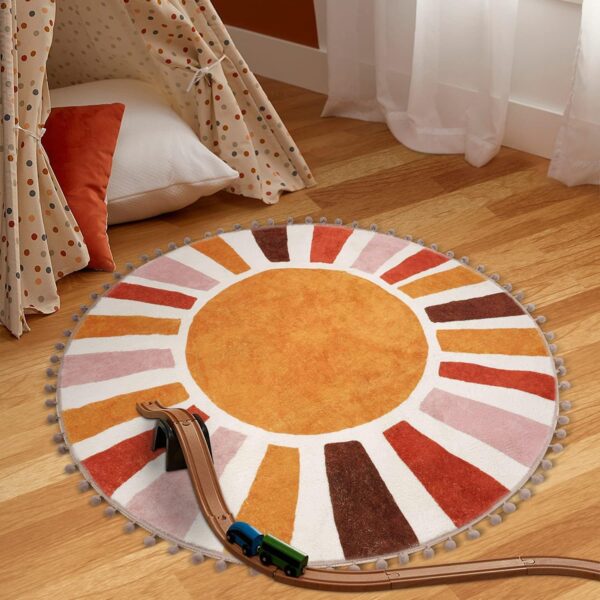 KIMODE Retro Sun Round Rug 90cm, Non Slip Area Rugs for Bedroom Soft Machine Washable Rugs Living Room Indoor Door Mat with Pom Poms Fringe Circle Entryway Rug for Bedroom Living Dining Room - Image 7