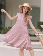 Arshiner Girls Dresses Ruffle Sleeve Summer Dress Ruffle Neck Chiffon Dress Solid Color Children's Dress Elegant A Line Party Dress Children Festive Dress with Belt 5-13 Years - Image 3