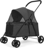 AESRAOU Dog Travel Stroller with 4 Heavy Duty Wheels, Foldable Pet Stroller with Adjustable Handle - Double Doggie Capacity Jogger Wagon with Back Front Door for Small Medium Dogs (Black)