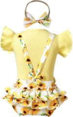 inlzdz Newborn Baby Girls Summer Shorts Sets Ruffle Sleeve Shirt Top + Floral Suspender Shorts Bloomers + Headband Outfit - Image 2
