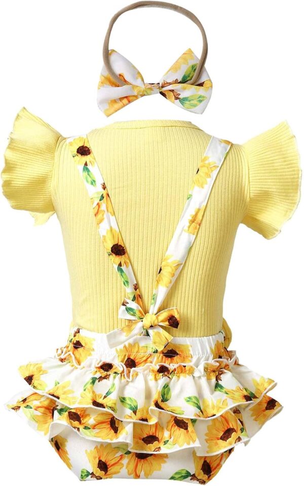 inlzdz Newborn Baby Girls Summer Shorts Sets Ruffle Sleeve Shirt Top + Floral Suspender Shorts Bloomers + Headband Outfit - Image 2