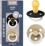 BIBS Colour Night Glow in The Dark Soother 2-Pack, BPA Free Dummy Pacifier, Round Nipple. Natural Rubber Latex, Made in Denmark, Size 3 (18+ Months), Black Glow/Vanilla Glow