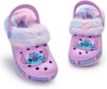 Disney Lilo & Stitch Girls Clogs | Kids Rubber Slip-Ons with Stitch Character Charm in Purple | Childrens Fur Lined Sandal Slides with Heel Strap & Flower Print | Animation Movie Merchandise Gift