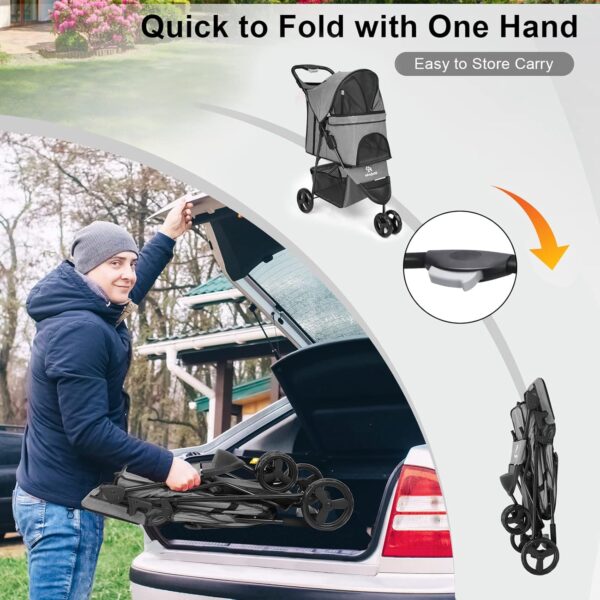 Zevcri Dog Pram for Small Dogs Easy Fold Cats Travel Pet Dog Stroller Foldable Dog Carriers for Medium Dogs Pushchair Buggy Wagon Trolley with 3 Rubber Wheels Storage Basket, Black (Dark Grey) - Image 5
