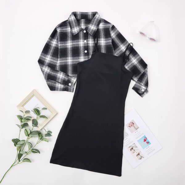 Kids Girl 2 Piece Outfits Teen Girls Sleeveless Bodycon Dress with Crop Jacket Children Plaid Long Sleeve Tops Shirts + Cami Short Dress Set Clothes - Image 5