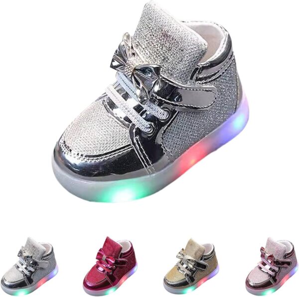 Baby Girls Glitter Light Up Sneaker Toddler Soft Sole Led Bow Loafers Fashion Infant Sport First Walking Flat Shoes Toddler Girl Summer Shoes Kids Pool Shoes Boys - Image 2