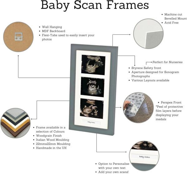 Baby Scan Photo Frame. Optional Personalisation. Multi Aperture Frame to display Three Ultra sound photos. Landscape. Pregnancy announcment | Baby Shower | Keepsake (White Frame) - Image 2