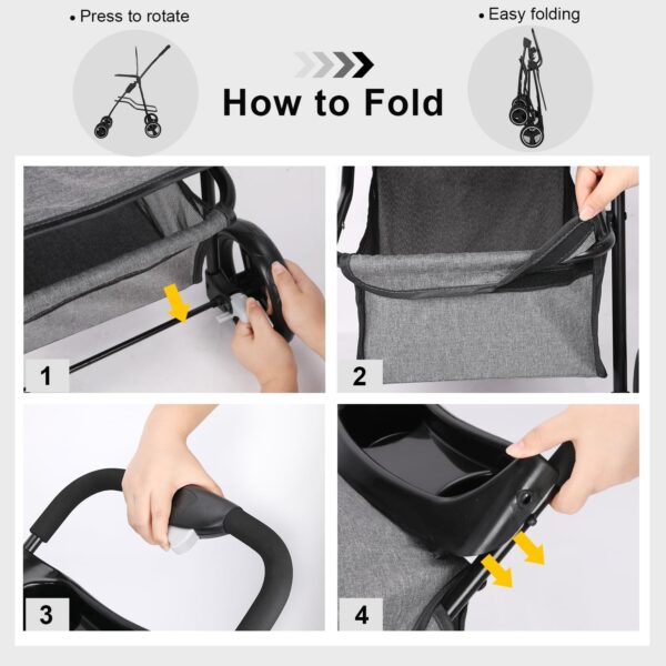 Zevcri Dog Pram for Small Dogs Easy Fold Cats Travel Pet Dog Stroller Foldable Dog Carriers for Medium Dogs Pushchair Buggy Wagon Trolley with 3 Rubber Wheels Storage Basket, Black (Dark Grey) - Image 4